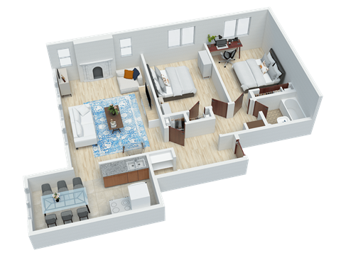 Floor plan for 2 beds, 1 bath, 832 sqft